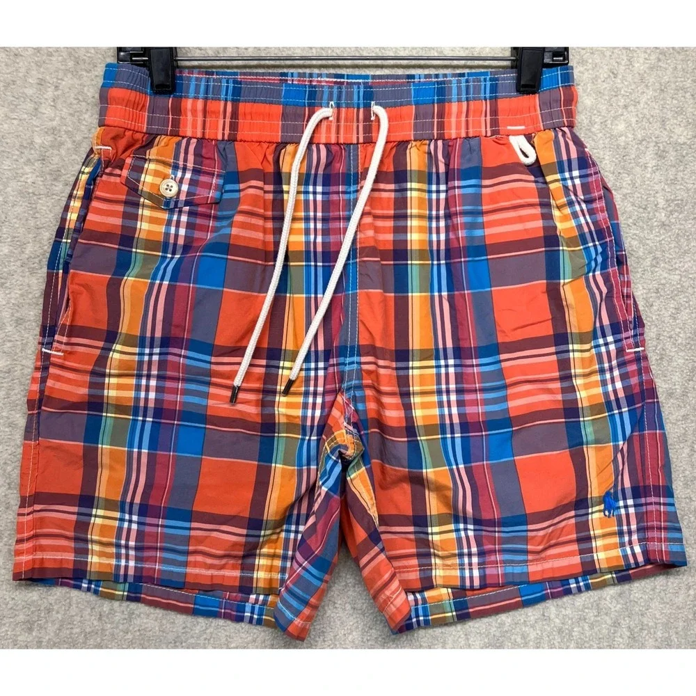 Polo Ralph Lauren Mens Swim Trunks Multicolor Plaid Drawstring Pony Logo Beach S